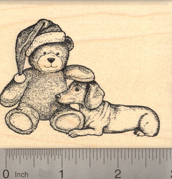 Christmas Dachshund Dog Rubber Stamp, with Santa Hat Teddy Bear