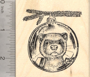 Christmas Ferret Rubber Stamp, Reflection in Holiday Tree Ornament