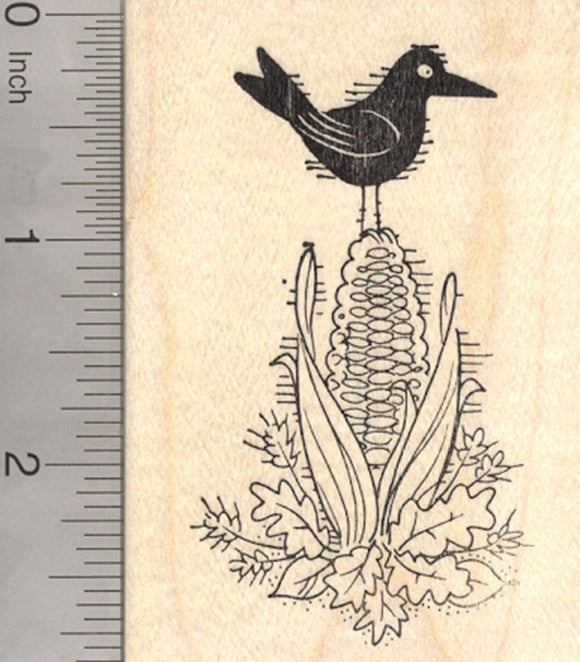 Blackbird Rubber Stamp, on Ear of Corn, Crow, Raven