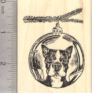 Christmas Boston Terrier Dog Rubber Stamp, Reflection in Holiday Tree Ornament