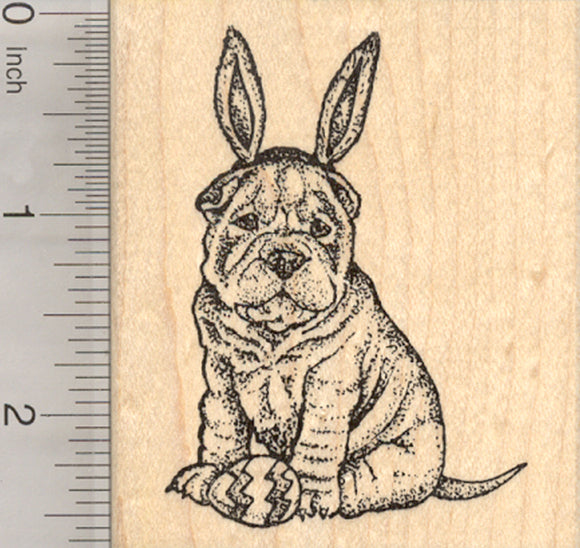Easter Sharpei Dog Rubber Stamp, in Bunny Ears