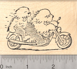 Sheepdog Motorcycle Rubber Stamp, 2 Old English Sheep Dogs on Bike