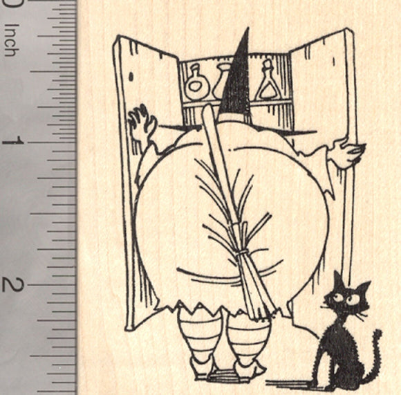 Halloween Witch Rubber Stamp, Seeking Broom, With Black Cat