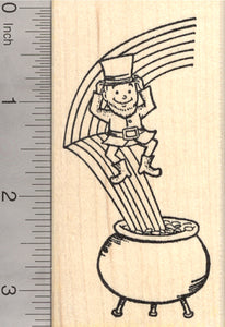 Leprechaun Rubber Stamp, St. Patrick's Day Rainbow and Pot of Gold