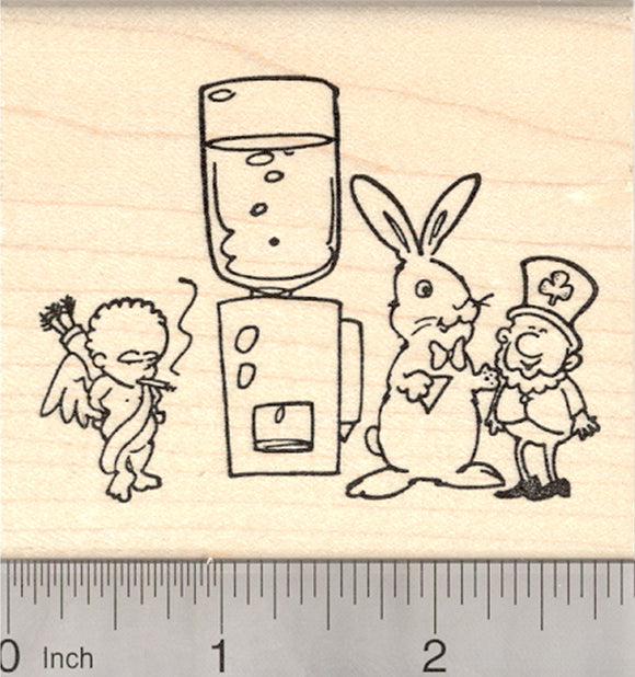 St. Patrick's Day, Easter, Valentine's Day Rubber Stamp, Cupid, Bunny, and Leprechaun at Water Cooler