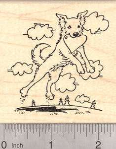 Valentine's Day Border Collie Rubber Stamp, Leaping Dog with Heart in Mouth