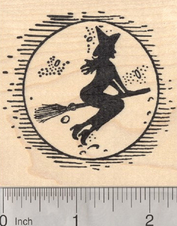 Halloween Witch on Broomstick Rubber Stamp, with Moon