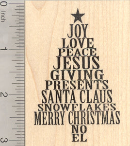 Christmas Tree Rubber Stamp, Joy Love Peace