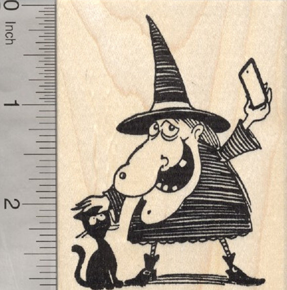 Halloween Witch Selfie Rubber Stamp, with Black Cat
