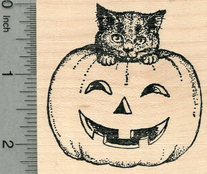 Halloween Cat Rubber Stamp, with Jack 'O Lantern