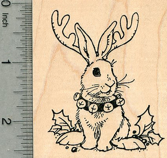 Christmas Bunny Rubber Stamp, Rabbit in Antlers