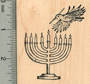 Hanukkah Menorah Rubber Stamp, with Bird
