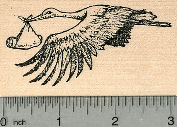 Stork with Newborn Rubber Stamp, Baby Shower Series