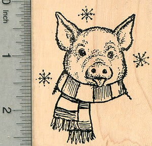 Holiday Pig Rubber Stamp, Eating Snow