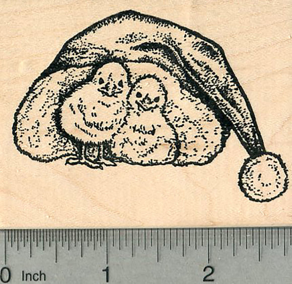 Christmas Chicks Rubber Stamp, Baby Chickens in Santa Hat