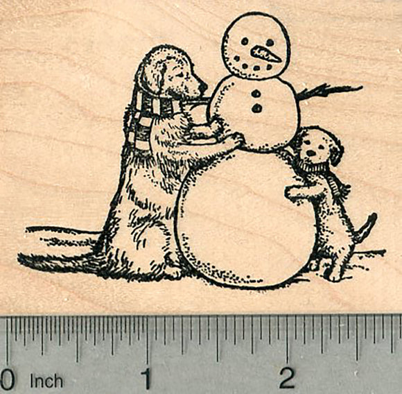 Snowman Rubber Stamp, with Labrador Dog and Puppy