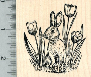 Easter Bunny Rubber Stamp, with Egg, and Tulips