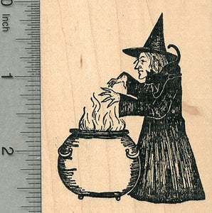 Halloween Witch Rubber Stamp, with Cauldron and Black Cat Familiar