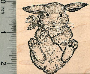 Rabbit Rubber Stamp, Bunny with Daffodil Easter Spring Series