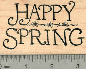 Happy Spring Rubber Stamp, Text with Tiny Flowers