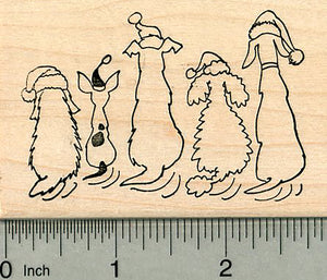 Christmas Rubber Stamp, Dogs Wagging Tails in Santa Hats
