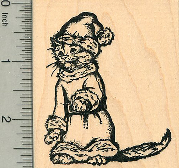 Christmas Cat Rubber Stamp, in full Santa Claus Suit