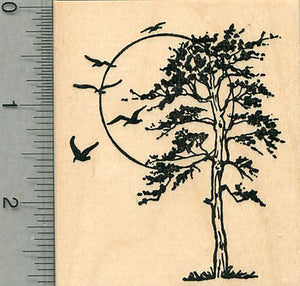 Tree Rubber Stamp, with Birds and Sun, Scenery Series