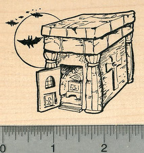 Halloween Mausoleum Rubber Stamp, with Casket and Bats, Cemetery Series