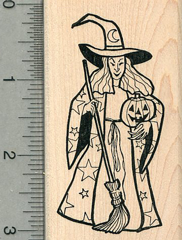 Halloween Witch Rubber Stamp, With Jack O'Lantern