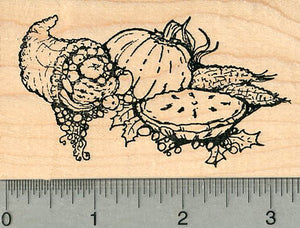 Thanksgiving Rubber Stamp, Feast with Cornucopia, Pie, and Harvest Vegetables