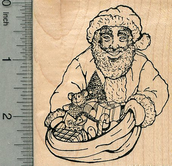 Black Santa Rubber Stamp, Father Christmas with Sack of Toys