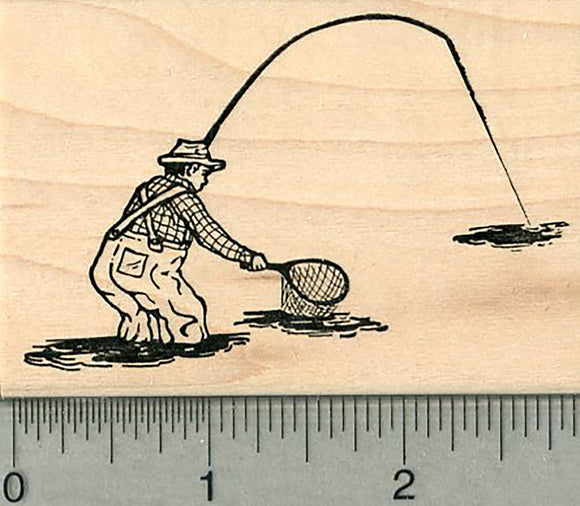 Fishing Rubber Stamp, Man in Waders with Pole and Net