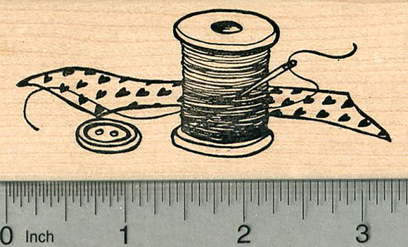 Sewing Themed Rubber Stamp, Needle with Thread and Button