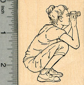 Woman with Binoculars Rubber Stamp, Bird Watching Series, Crouching