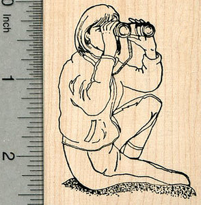 Woman with Binoculars Rubber Stamp, Bird Watching Series, Sitting