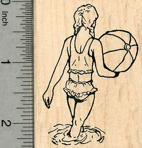 Girl Wading Rubber Stamp, with Beachball, Beach Series