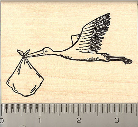 Stork Rubber Stamp, Carrying Baby Bundle, Birth Announcement