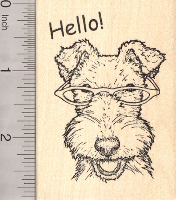 White Fox Terrier Dog Rubber Stamp, Wearing Glasses, Hello!