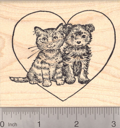Valentine's Day Kitten and Puppy Rubber Stamp, Cat and Dog