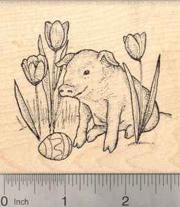 Easter Pig with Painted Egg and Tulips Rubber Stamp