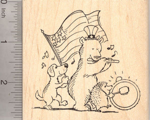 4th of July Parade Rubber Stamp, Dog, Bear, Hedgehog