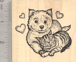 Valentine's Day Cat Rubber Stamp, with Samoyed Dog