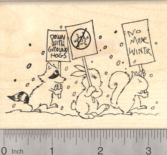 Groundhog Day Rubber Stamp, Raccoon, Rabbit, Squirrel Protesting Late Spring