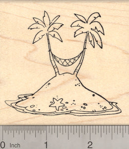Tropical Island Rubber Stamp, with Palm Trees and Hammock