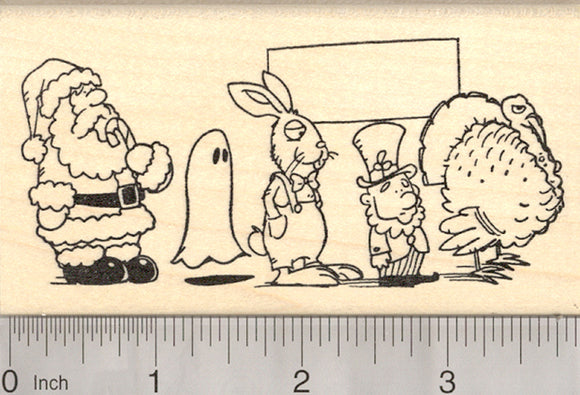 Santa Claus, Easter Bunny, Leprechaun Rubber Stamp, with Halloween Ghost and Thanksgiving Turkey, in Line