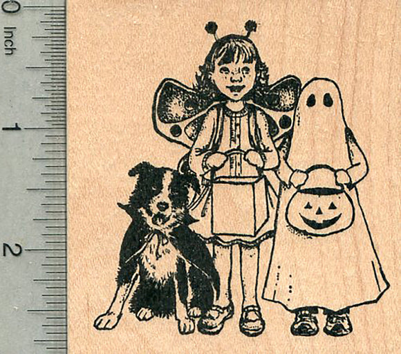 Halloween Trick or Treat Rubber Stamp, Kids with Border Collie Dog