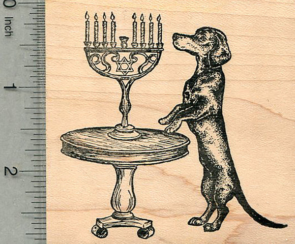 Hanukkah Dachshund Rubber Stamp, Dog with Menorah, Chanukah
