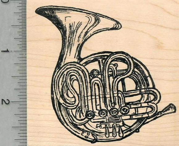 French Horn Rubber Stamp, Brass Musical Instrument Series