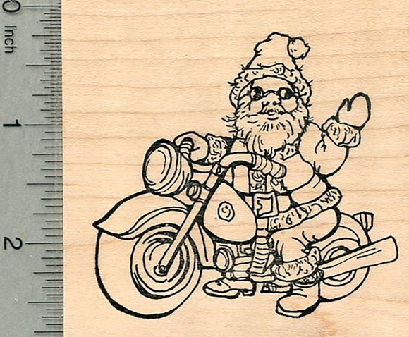 Motorcycle Santa Rubber Stamp, Father Christmas on his Bike