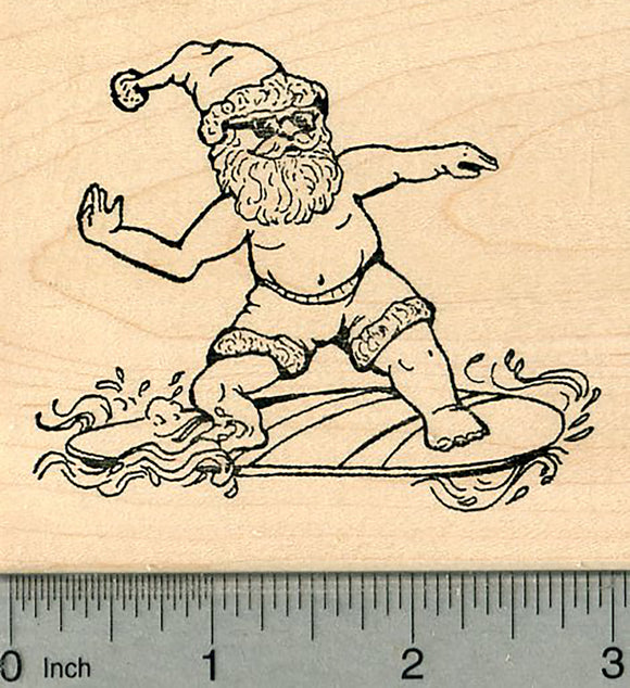 Surfing Santa Rubber Stamp, Father Christmas on his Board